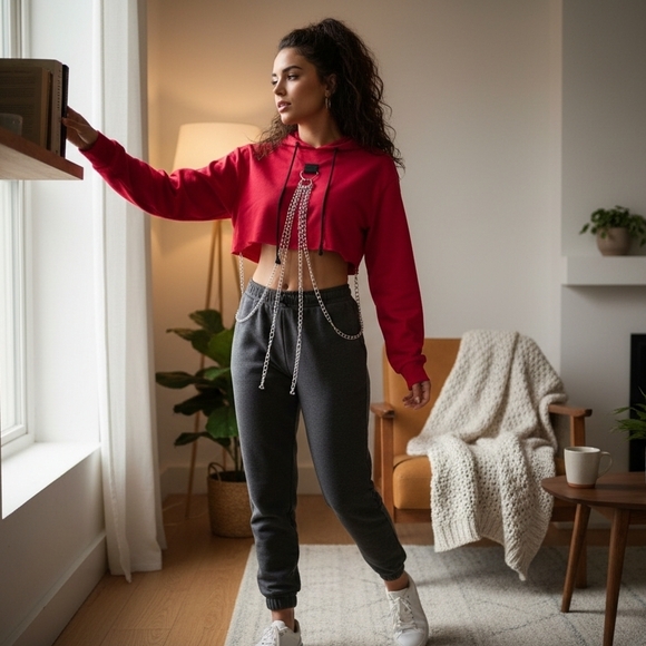 Red Cropped Hoodie with Chain Detail - Picture 2 of 5